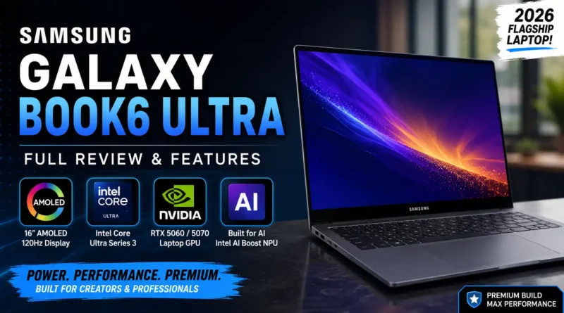 Samsung Galaxy Book6 Ultra laptop review thumbnail showing a premium 16-inch AMOLED display, Intel Core Ultra processor, NVIDIA RTX graphics, AI features, and professional design for creators and professionals.